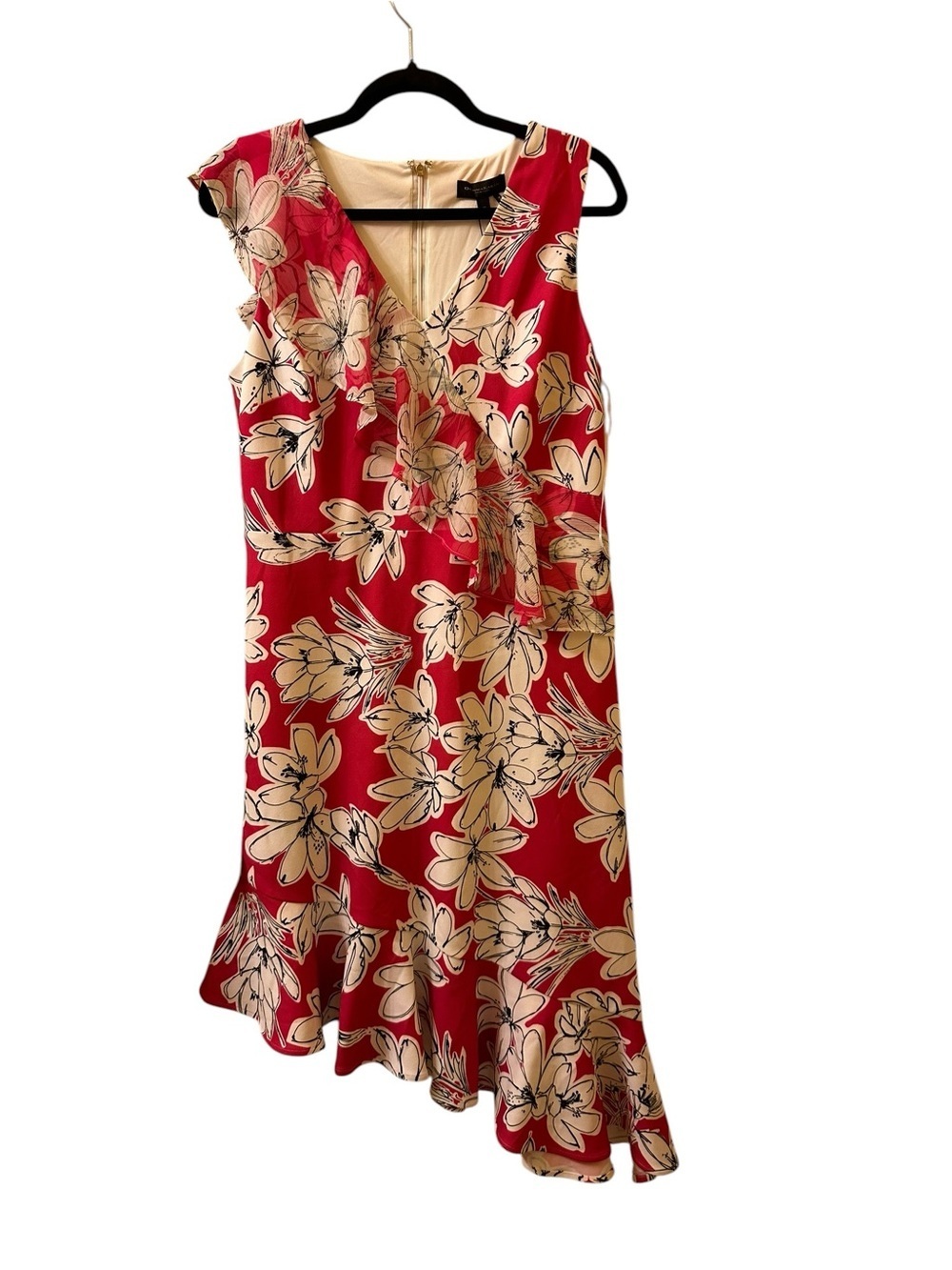 Donna Karan Red Floral Asymmetrical Ruffle Dress size 10